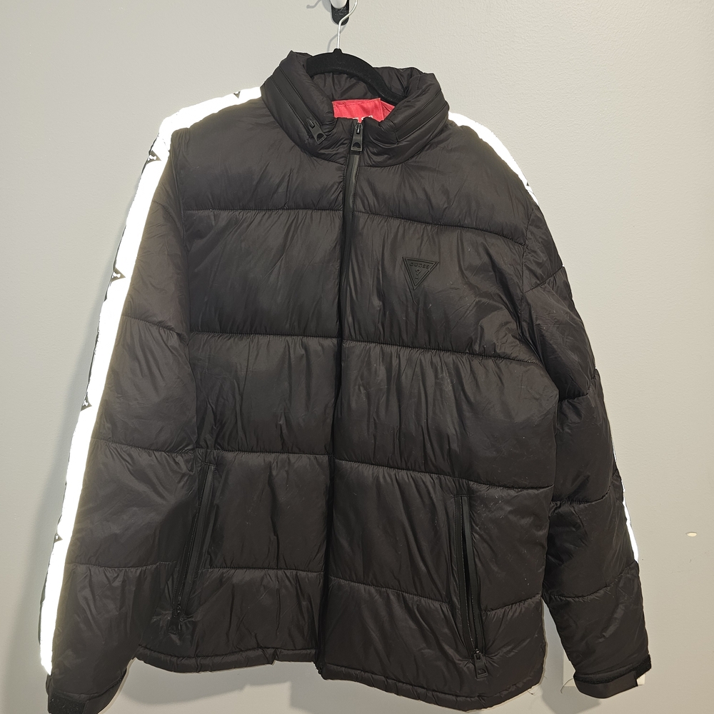 Guess Men's Black Puffer Jacket with White Stripes